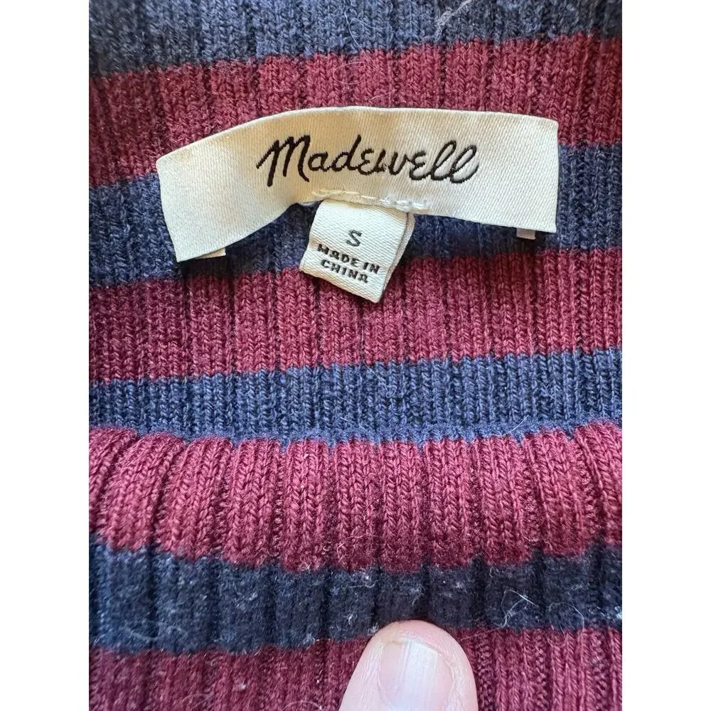 MADEWELL Mock-neck Sweater in Stripe Long Sleeves Dark Red/Navy Combo Sz S